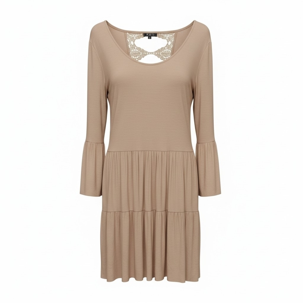 Beige Tiered POL Dress With Scoop Neck, Bell Sleeve And Lace Back, Size S/Med